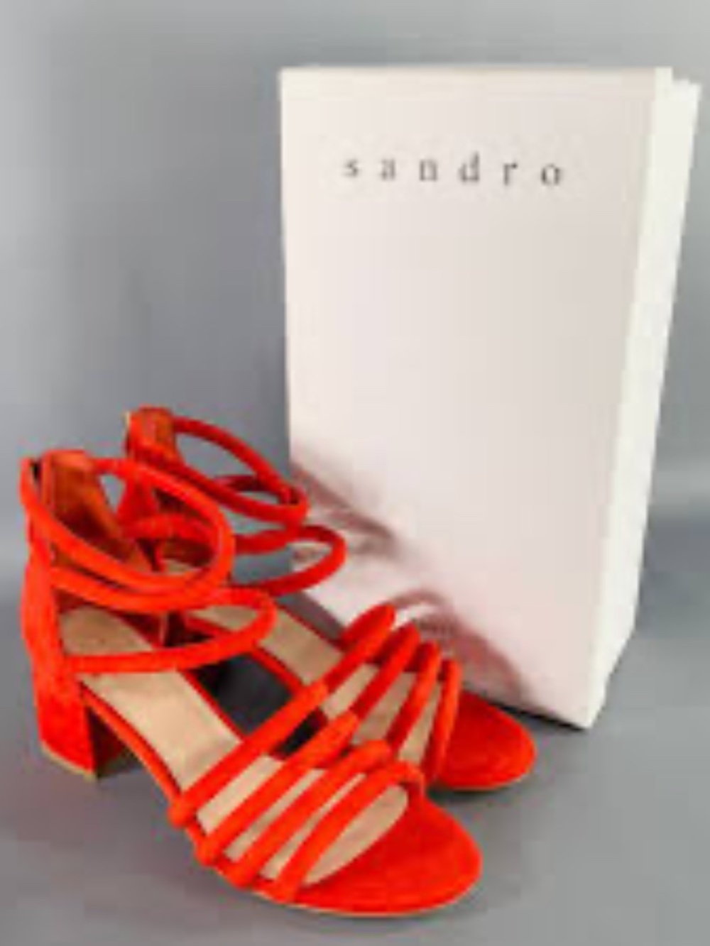 SANDRO Tessa Red Suede Caged Chunky Heel Sandals
